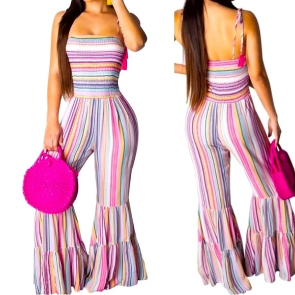 Rainbow Striped Print Crop Top w/Shoulder Straps & Wide Leg Jumpsuit, EUC - Picture 1 of 5
